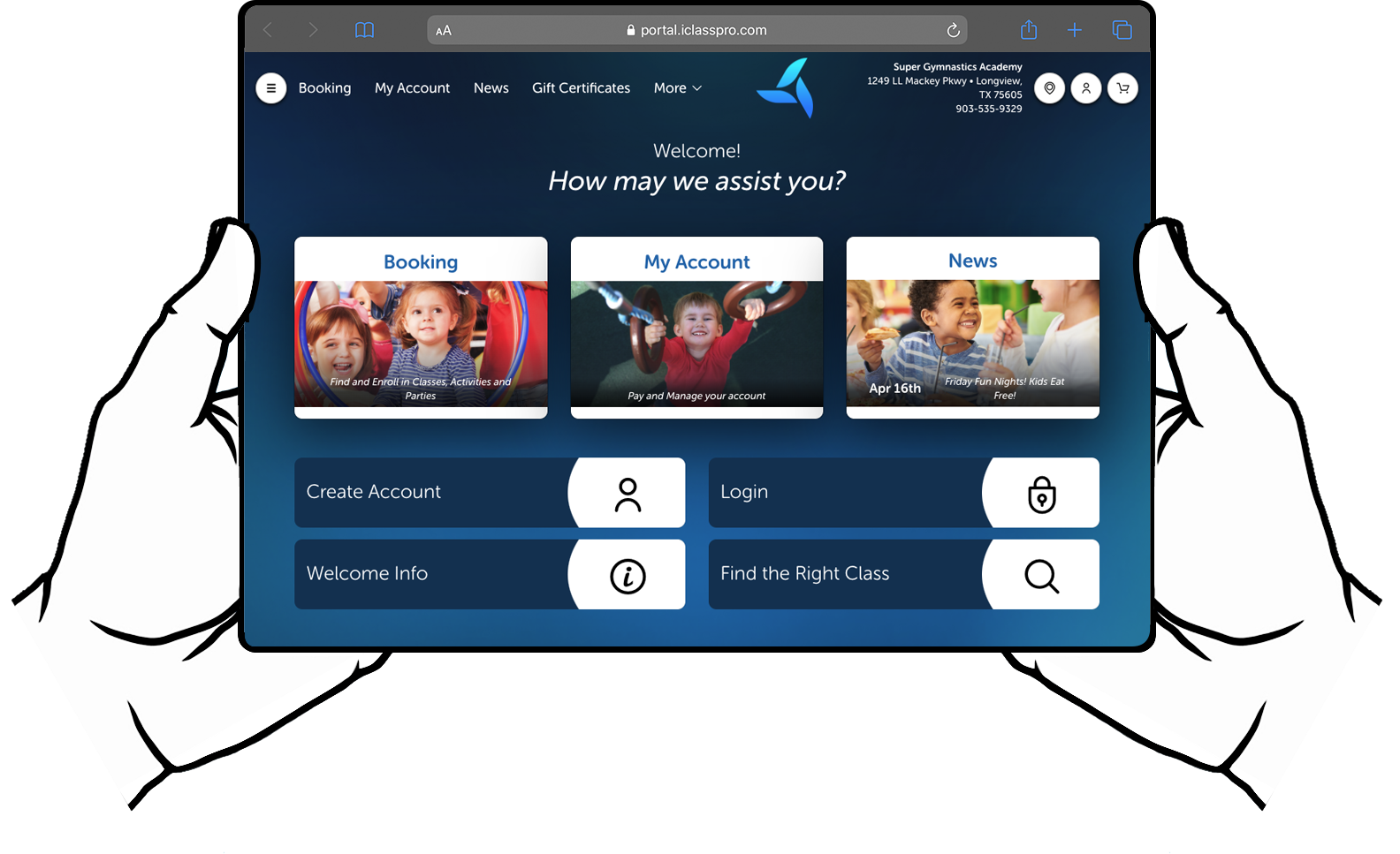 Hands holding tablet showing Customer Portal dashboard page